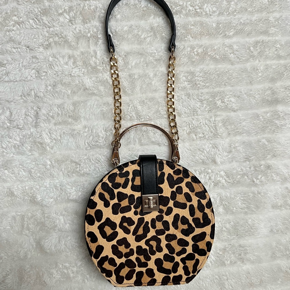 Dune London Leopard Print Round Handbag with Black & Gold Accents